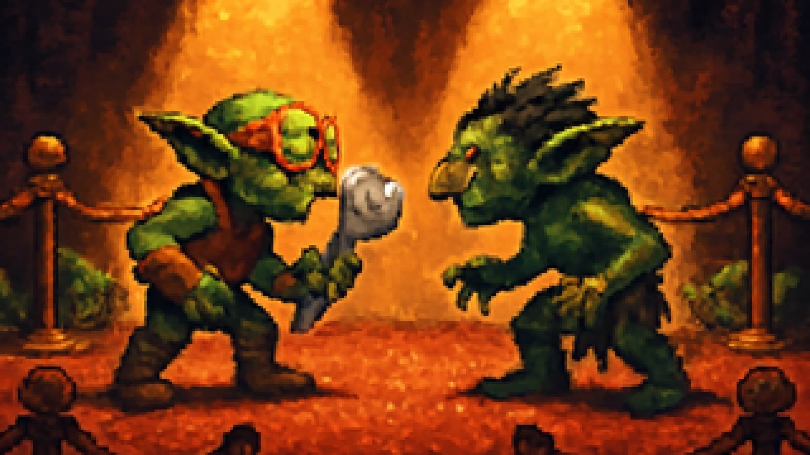 Pixel art of two goblins squaring off on a red carpet while smaller goblins watch from behind velvet ropes.