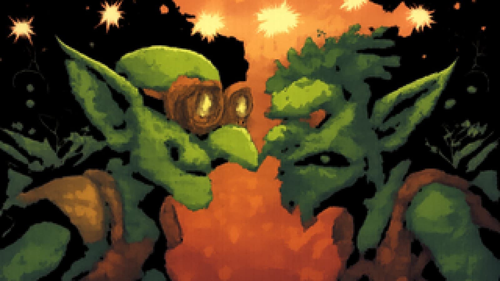 Pixel art of two rival goblins facing off on a red carpet as a crowd of smaller goblins cheers.