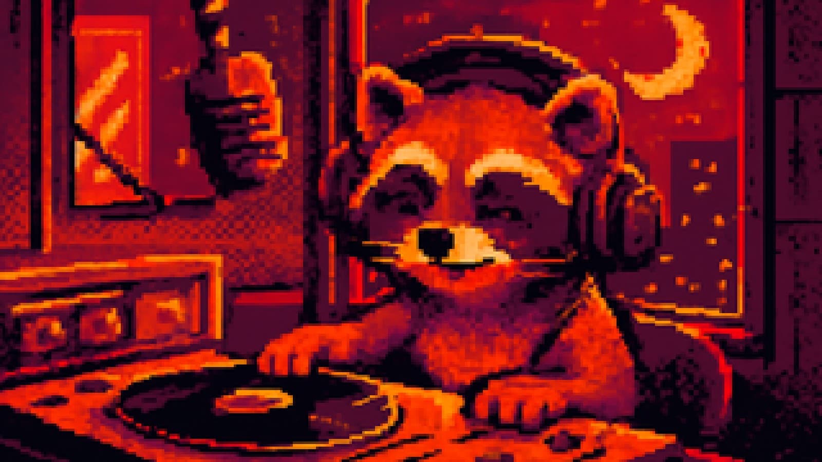 Pixel-art raccoon wearing headphones at a DJ desk in a neon-lit late-night radio studio.