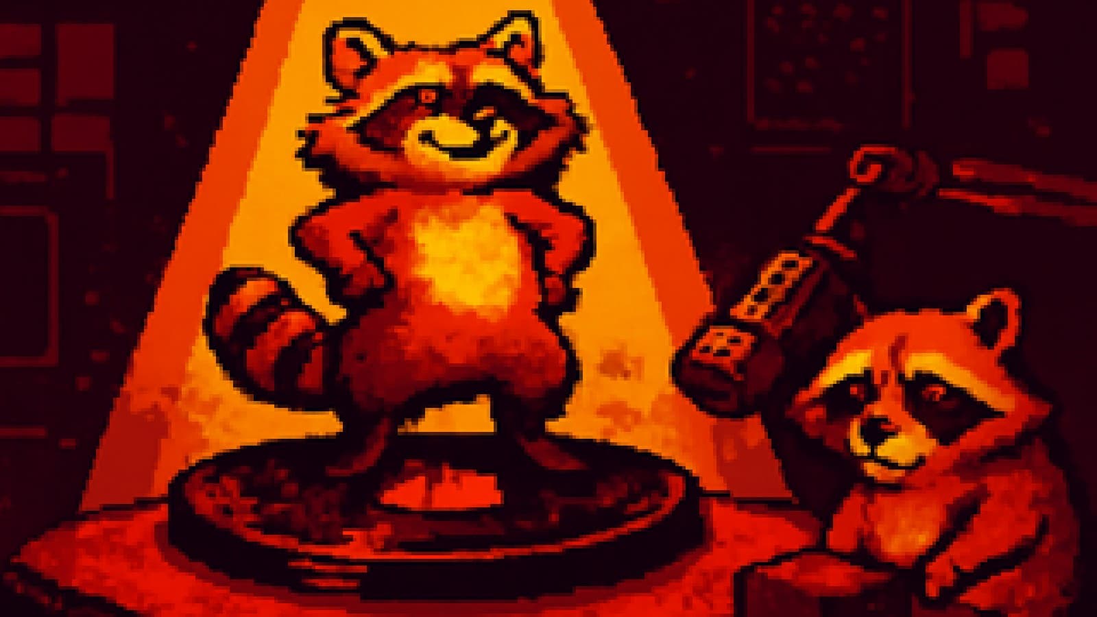 Pixel-art raccoon standing triumphantly on a spinning vinyl record under a spotlight in a dark radio studio.