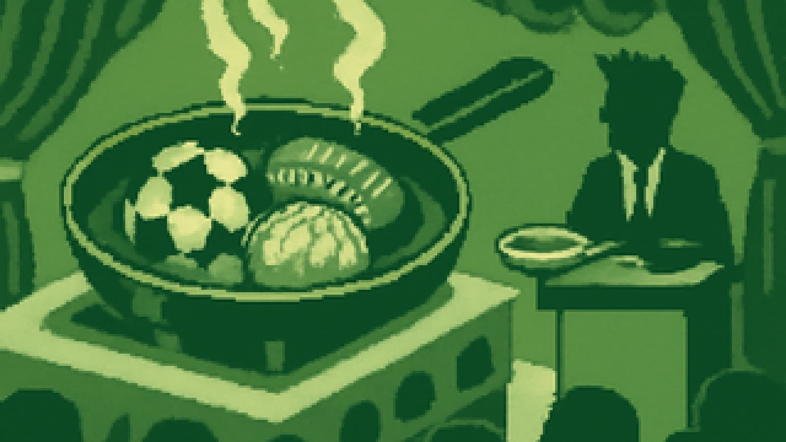 Pixel-art frying pan holding four different sports balls on a cooking-show stove.