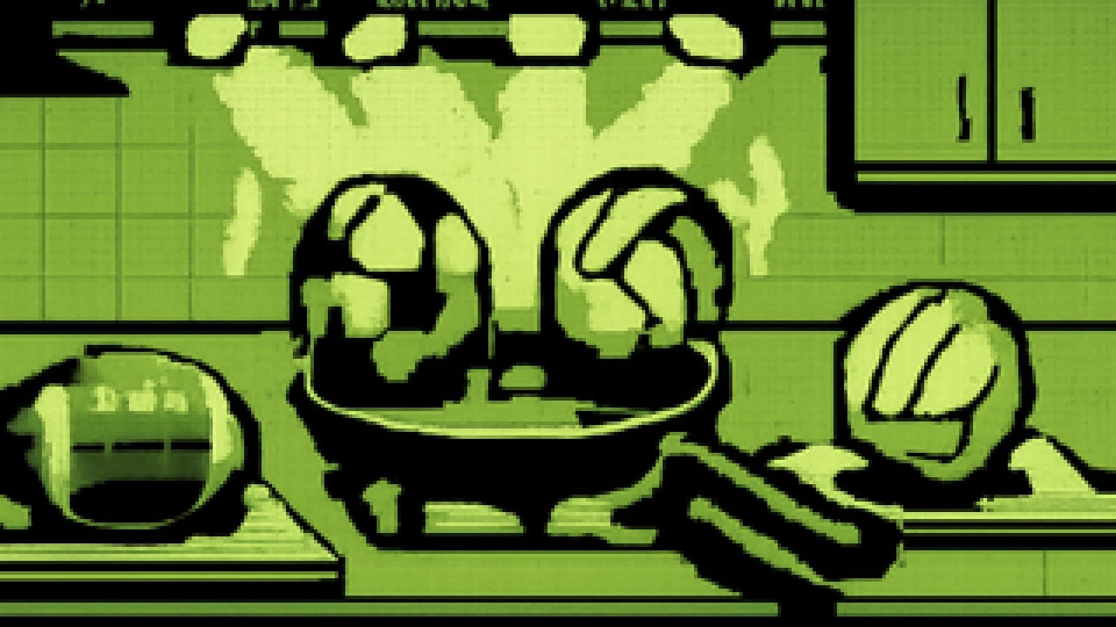 Pixel-art cooking-show scene with a football and a volleyball in a frying pan as other sports balls wait nearby.