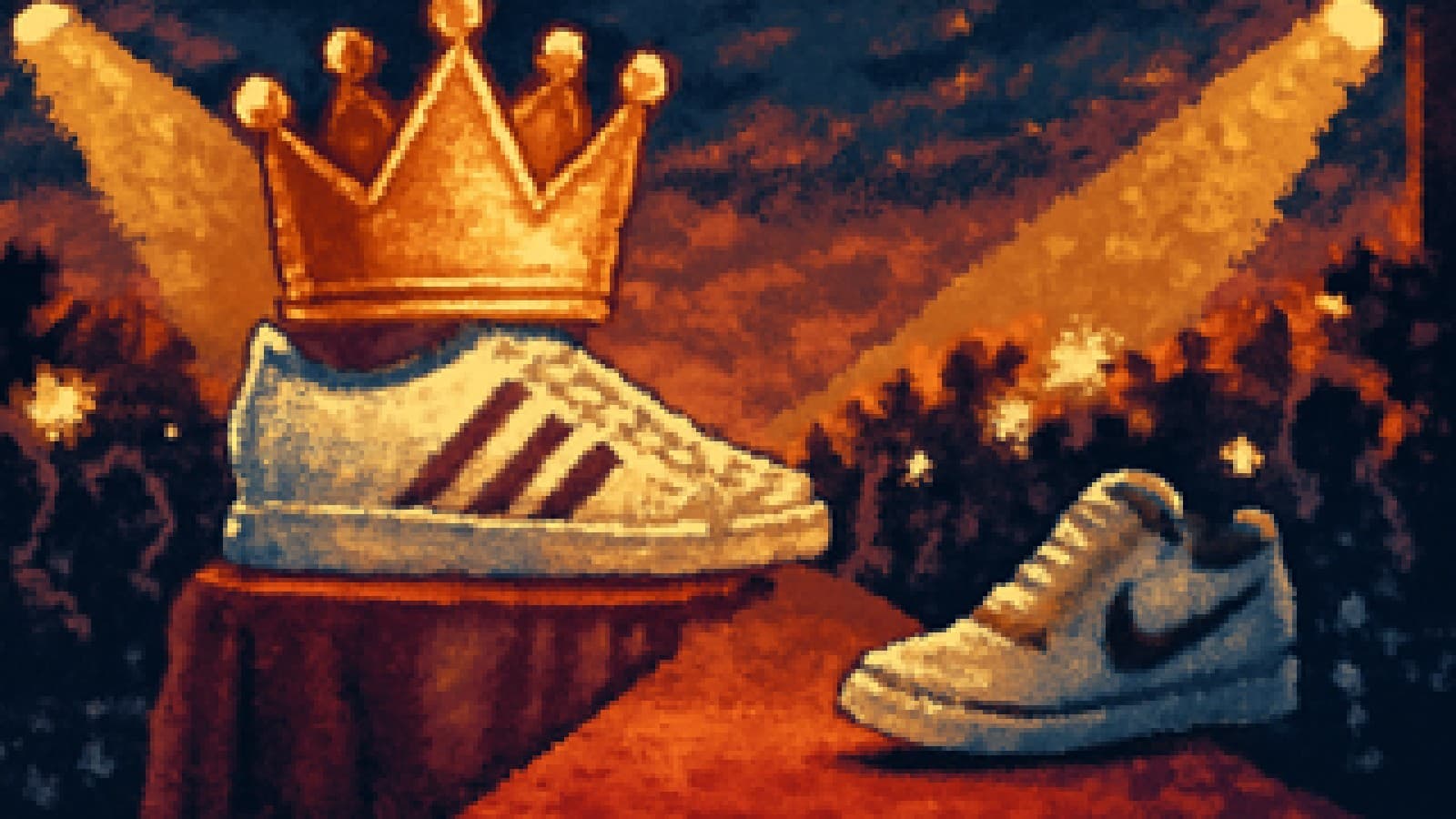 Pixel-art runway where a striped sneaker wears a golden crown on a pedestal and a rival sneaker sulks nearby under camera flashes.