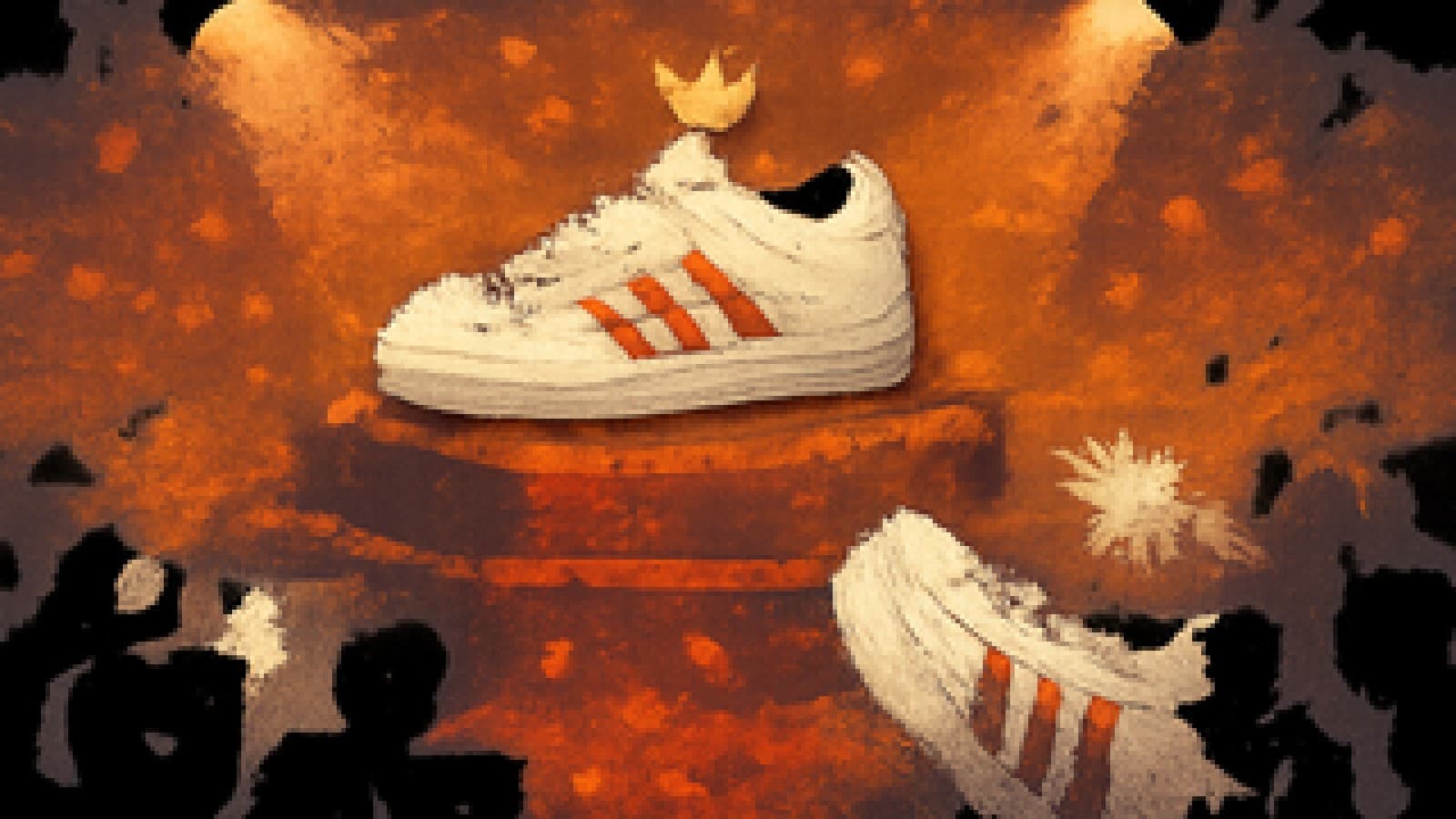 Pixel-art illustration of a crowned three-striped sneaker on a podium with a rival sneaker watching from below under camera flashes.