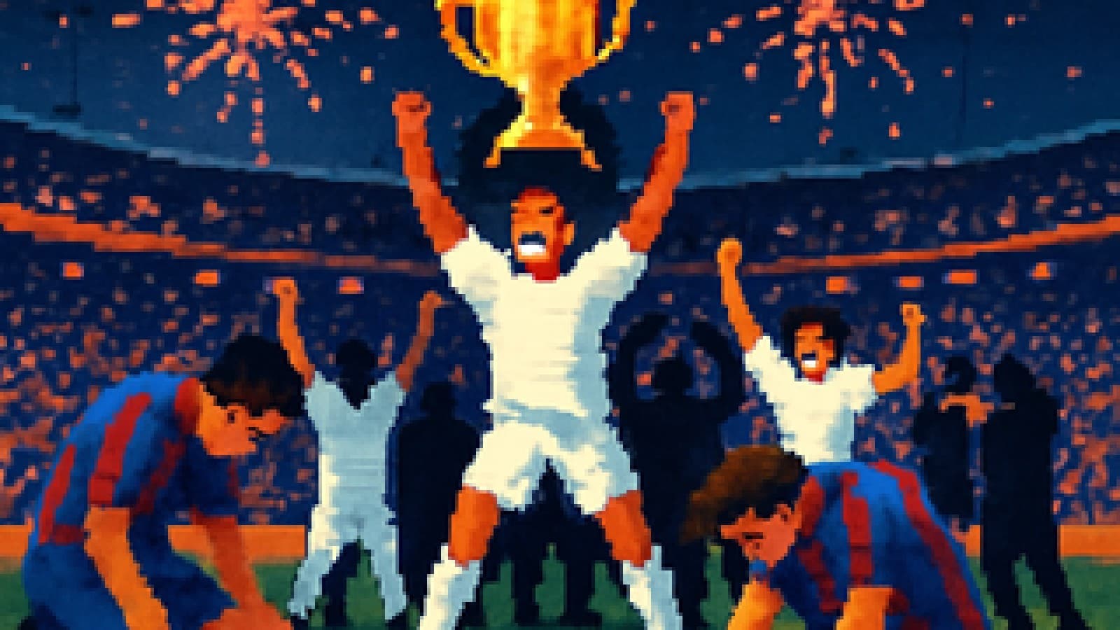 Pixel-art illustration of a white-kitted football team lifting a trophy as rivals in blue and red stripes look on in defeat.