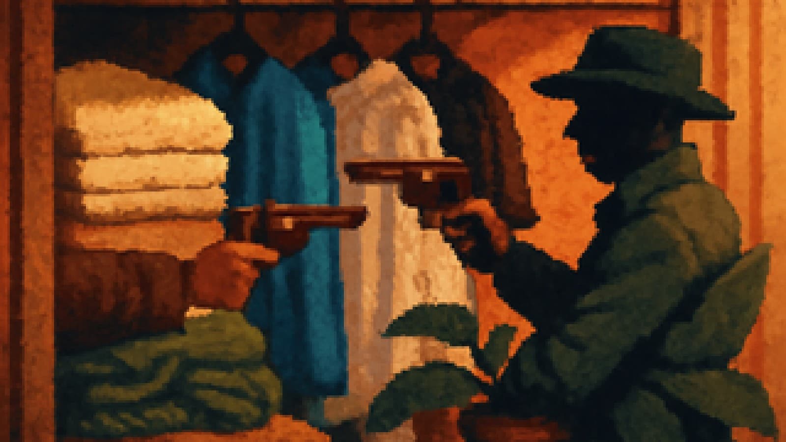 pixel-art closet with beige and green clothing piles facing off while other colored garments hang nearby