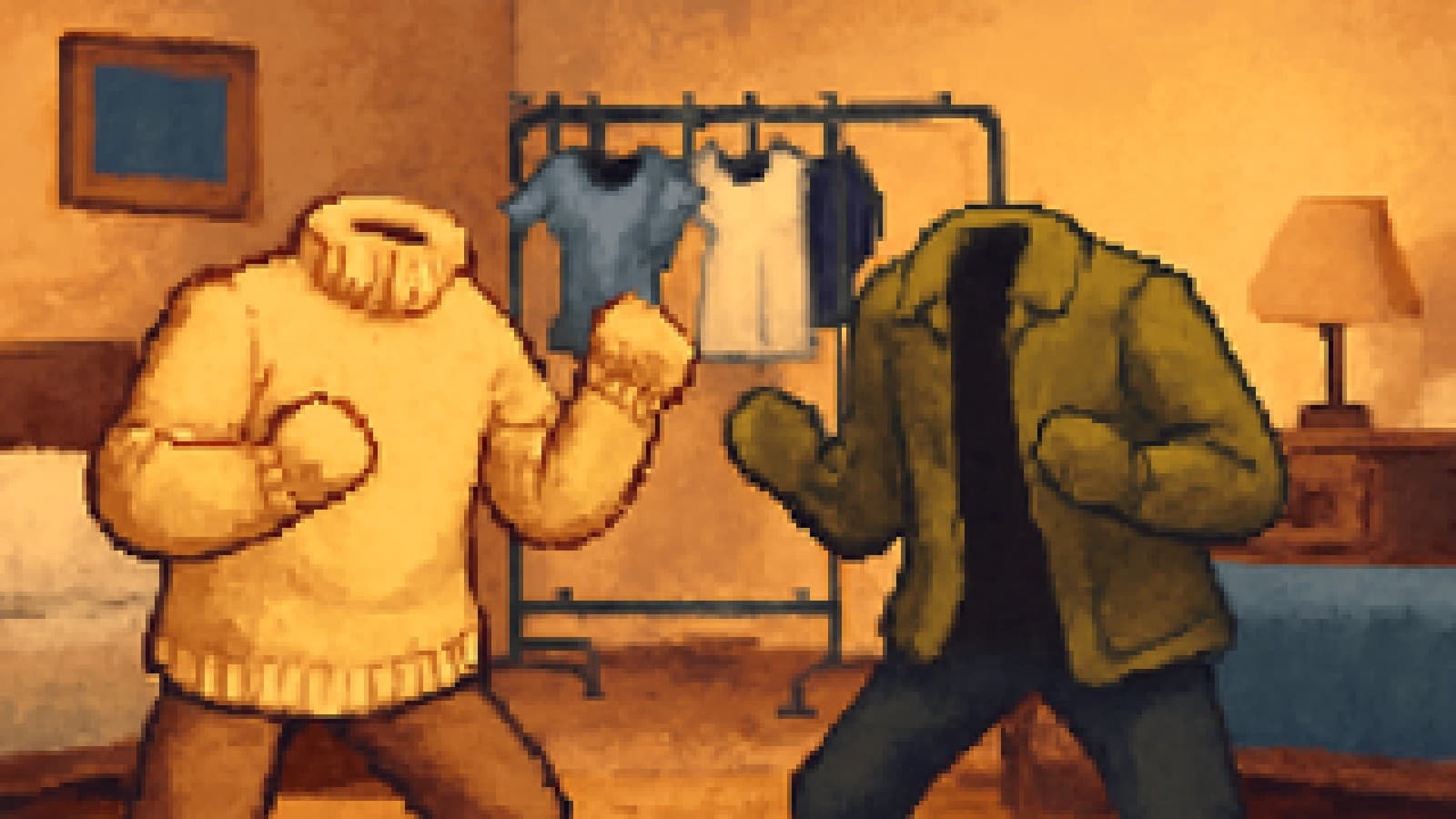 pixel-art beige sweater and green jacket squaring off in a bedroom while other colored clothes watch from a rack