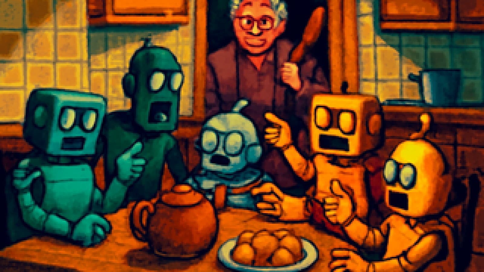 Five friendly robots squabbling around a kitchen table while a grandmother looks on with a wooden spoon