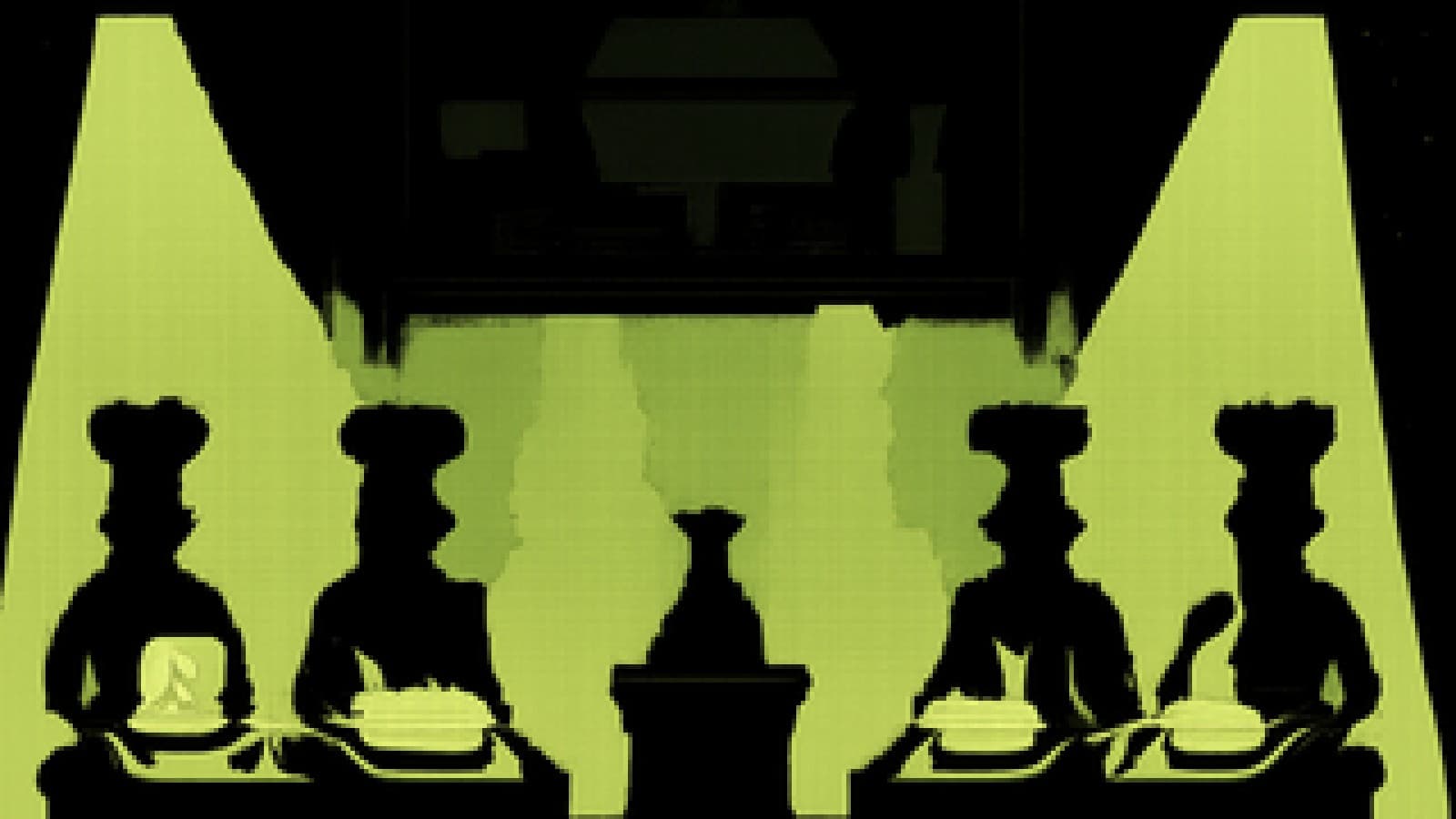 Pixel-art cooking contest stage with four glowing chef stations, a sleek one in the spotlight and a giant buffet in shadow.