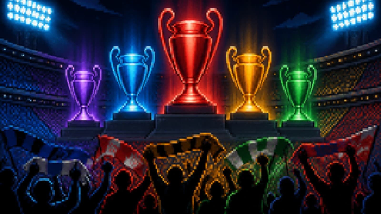 Five glowing trophies on a stadium podium with a roaring crowd, the red one tallest