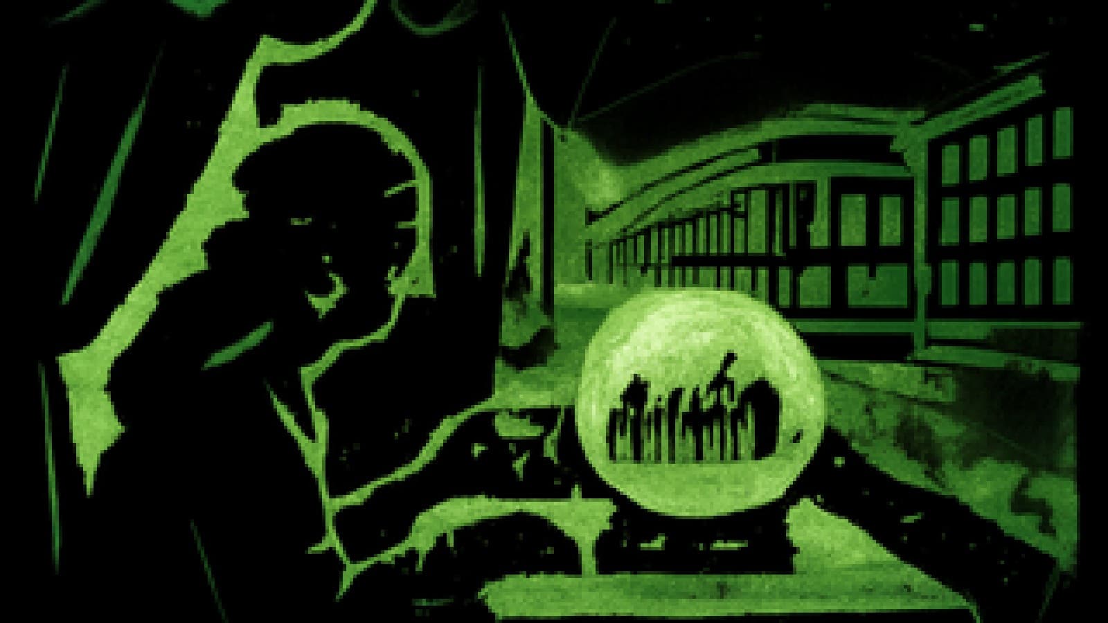 Pixel-art crystal ball glowing over a misty city campus beside a streetcar line, with one district hidden in fog.