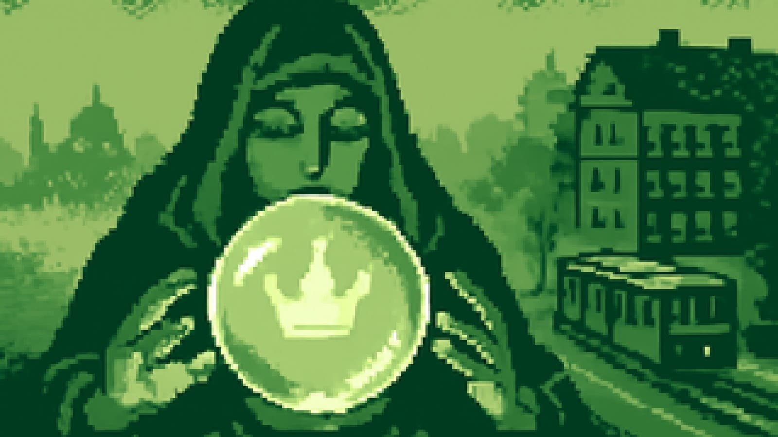 Pixel-art crystal ball showing a crown hovering over a misty, half-hidden campus beside a riverside university and a green streetcar.