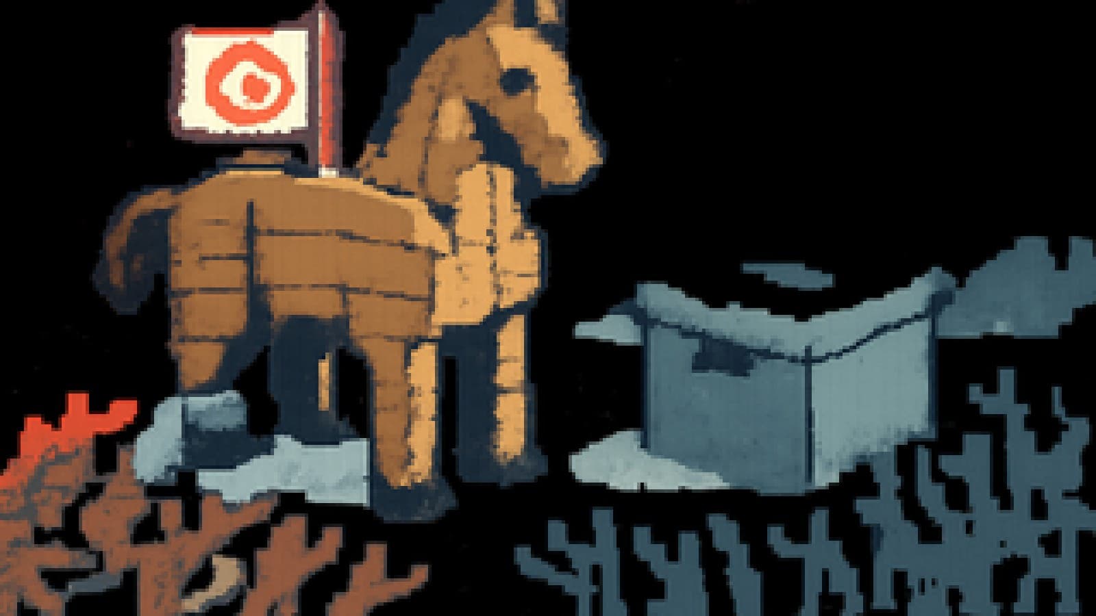 Pixel-art wooden horse with a white flag beside a ballot box, surrounded by arguing figures in the snow.