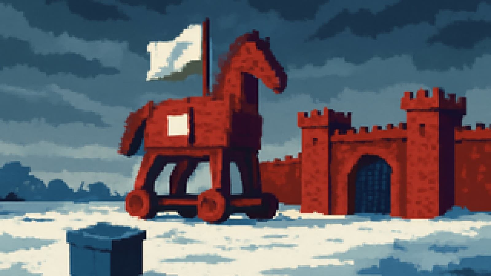 Pixel-art wooden horse with a white peace flag in front of a fortified gate, with a ballot box in the snowy foreground.