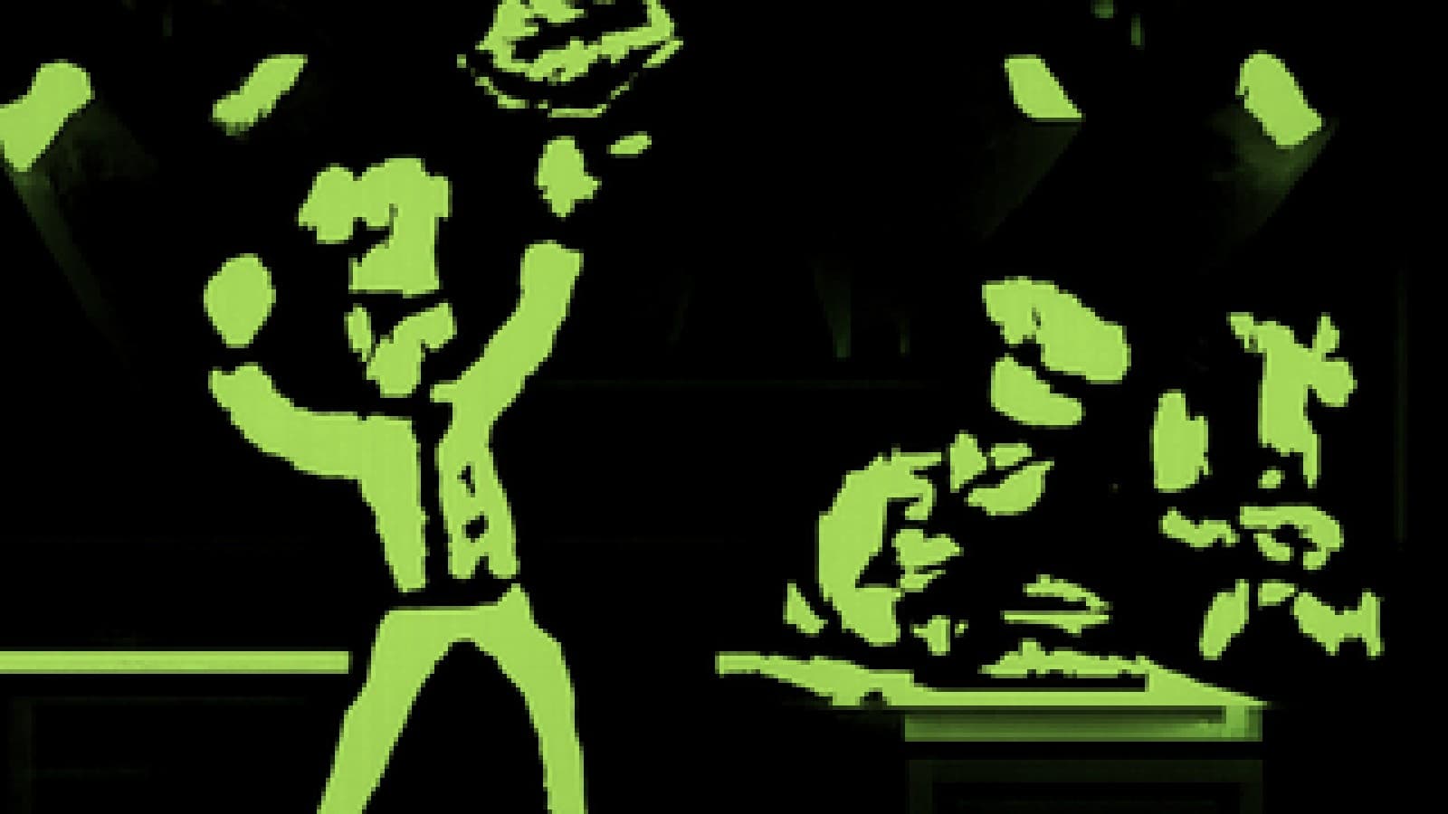Pixel-art cooking show scene with two rival chefs at their stations, one holding up a golden trophy dish, while a third chef runs in with a flaming cake.