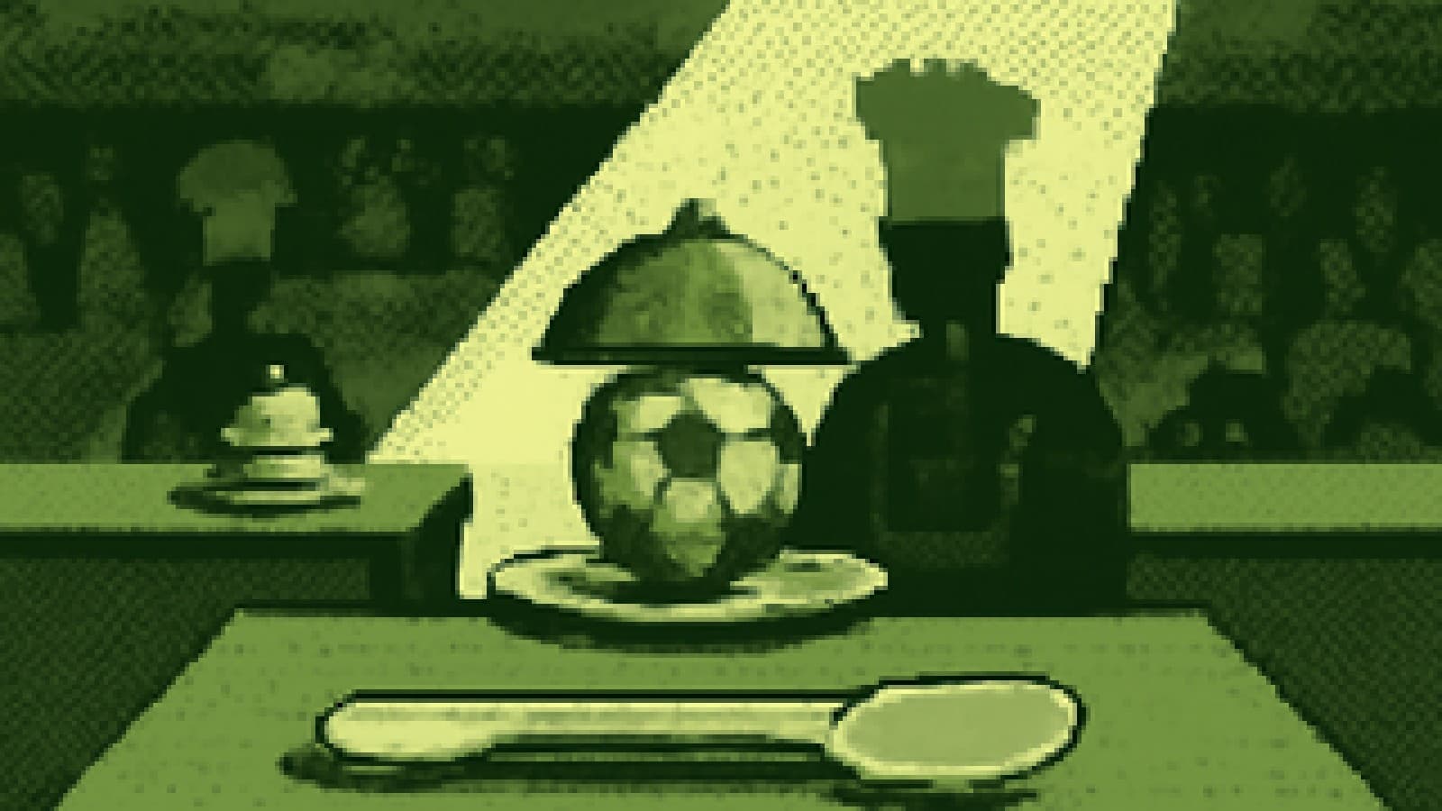 Pixel-art cooking show finale with a golden football served on a silver platter under a spotlight, and a rival dessert station in shadow.