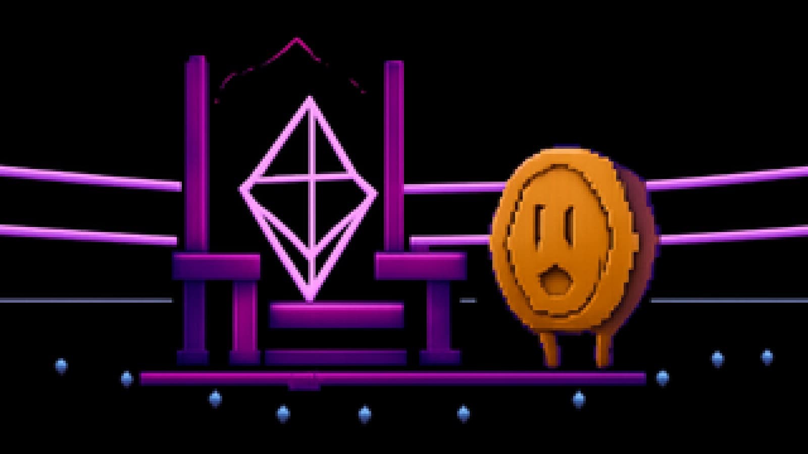 Pixel art of a purple crystal on a throne next to a shocked orange coin, with a cheering pixel crowd.