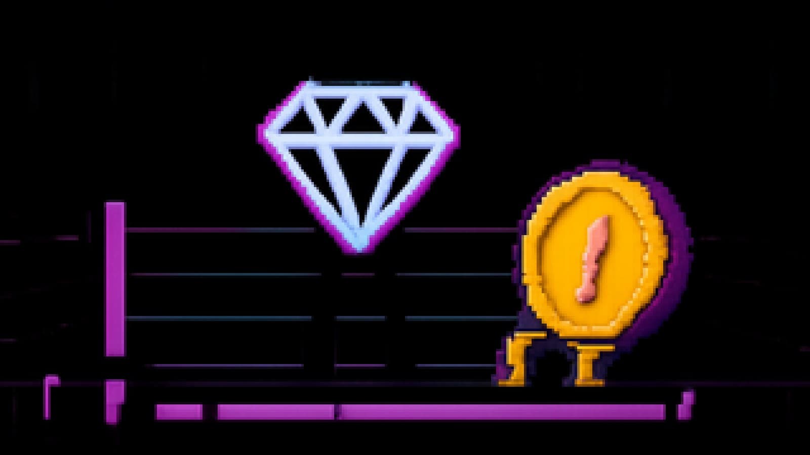 Pixel art of a purple crystal celebrating victory in a boxing ring while an orange coin slumps in the corner.