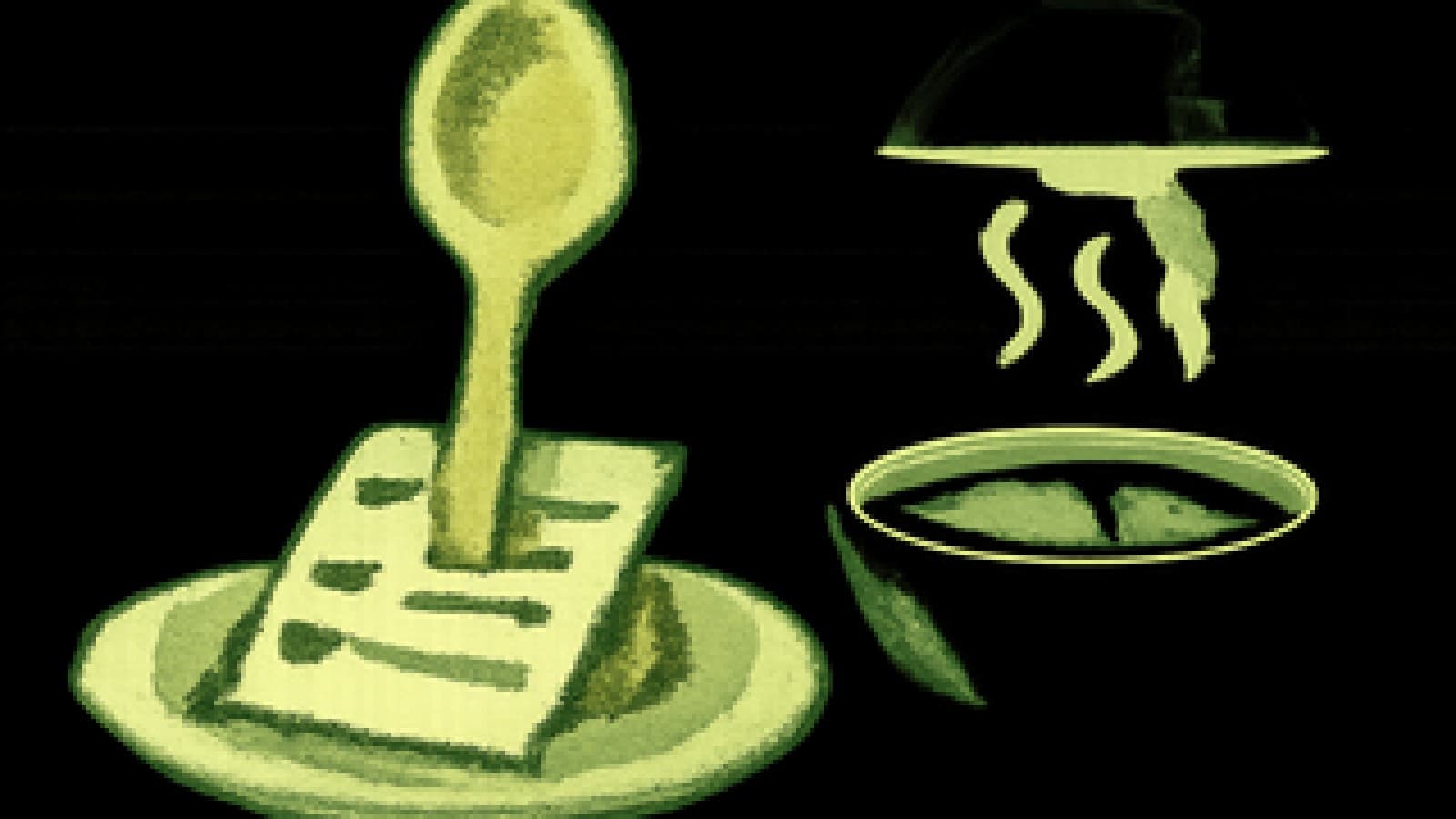 Pixel-art cook-off stage with a golden spoon on a plated checklist, a bowl of soup and a shared dinner table behind them