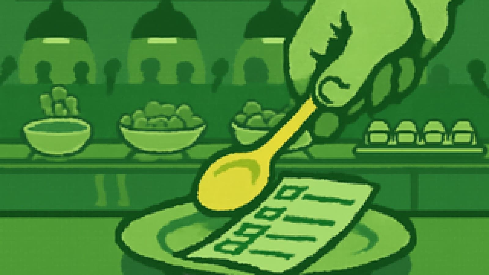 Pixel-art cook-off stage with a golden spoon awarded to a plated checklist as rival dishes wait under heat lamps