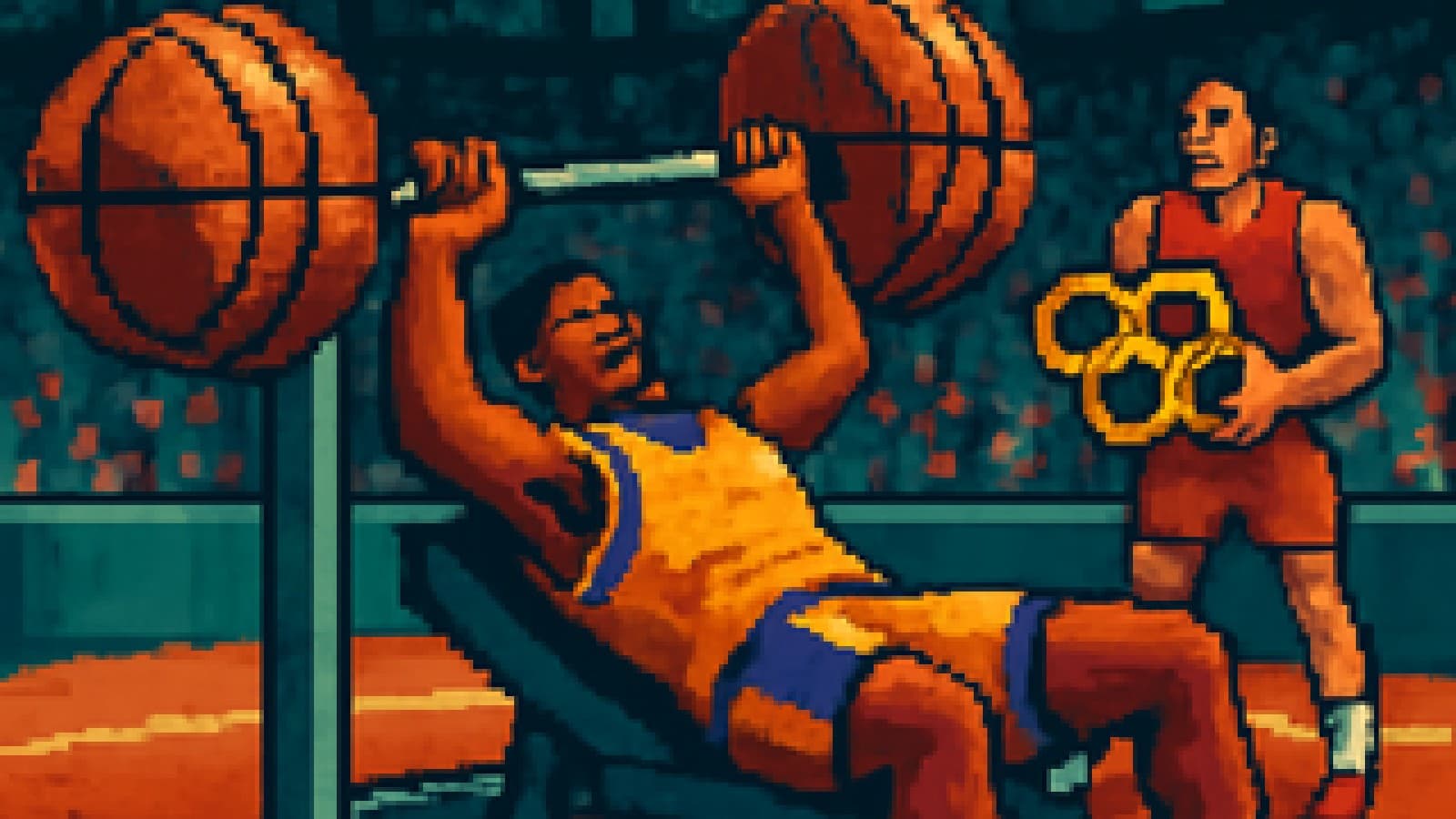 Pixel-art basketball player bench-pressing a barbell made of basketballs while a rival in red holds a stack of championship rings.