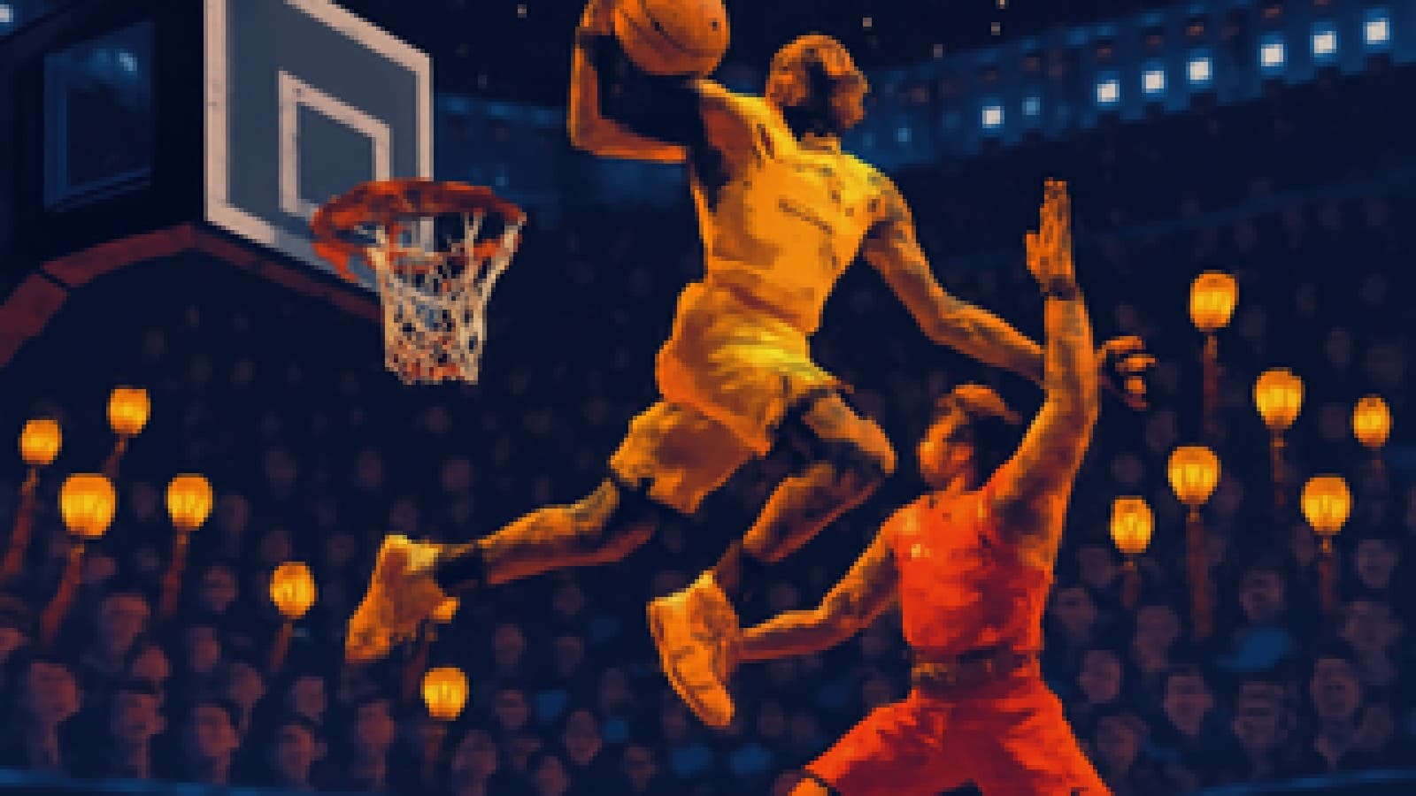 Pixel-art basketball player in gold dunking over a defender in red in front of a cheering crowd holding glowing coins.