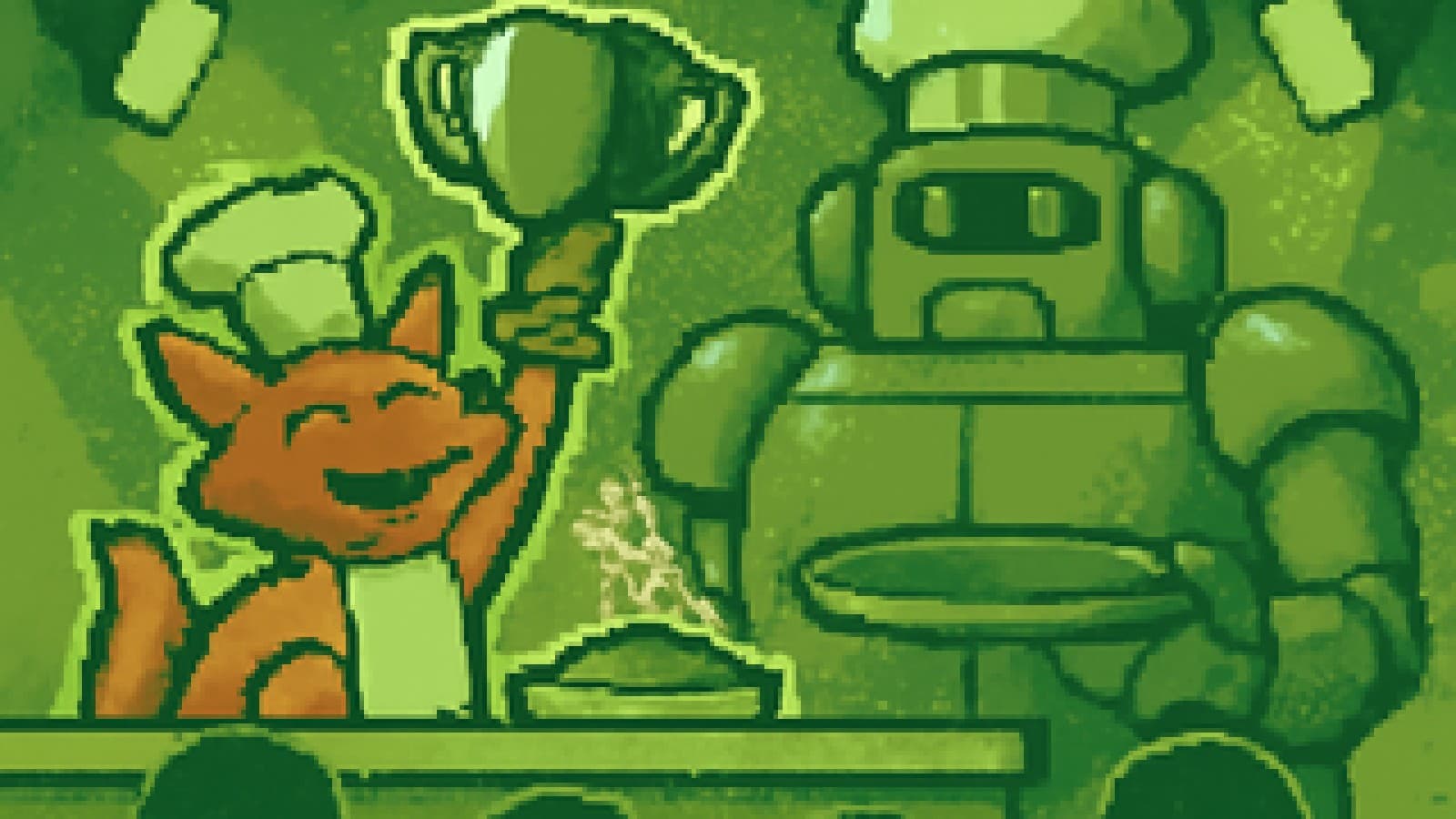 Pixel-art fox chef holding a trophy while a shiny robot chef stares at an empty tray