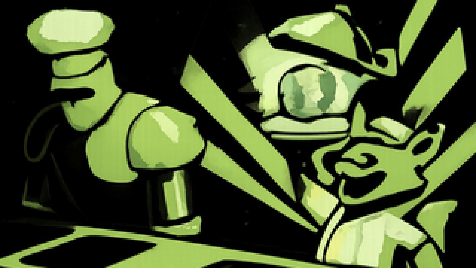 Pixel-art fox chef lifting a cloche in triumph beside a dejected chrome robot chef on a cooking show stage