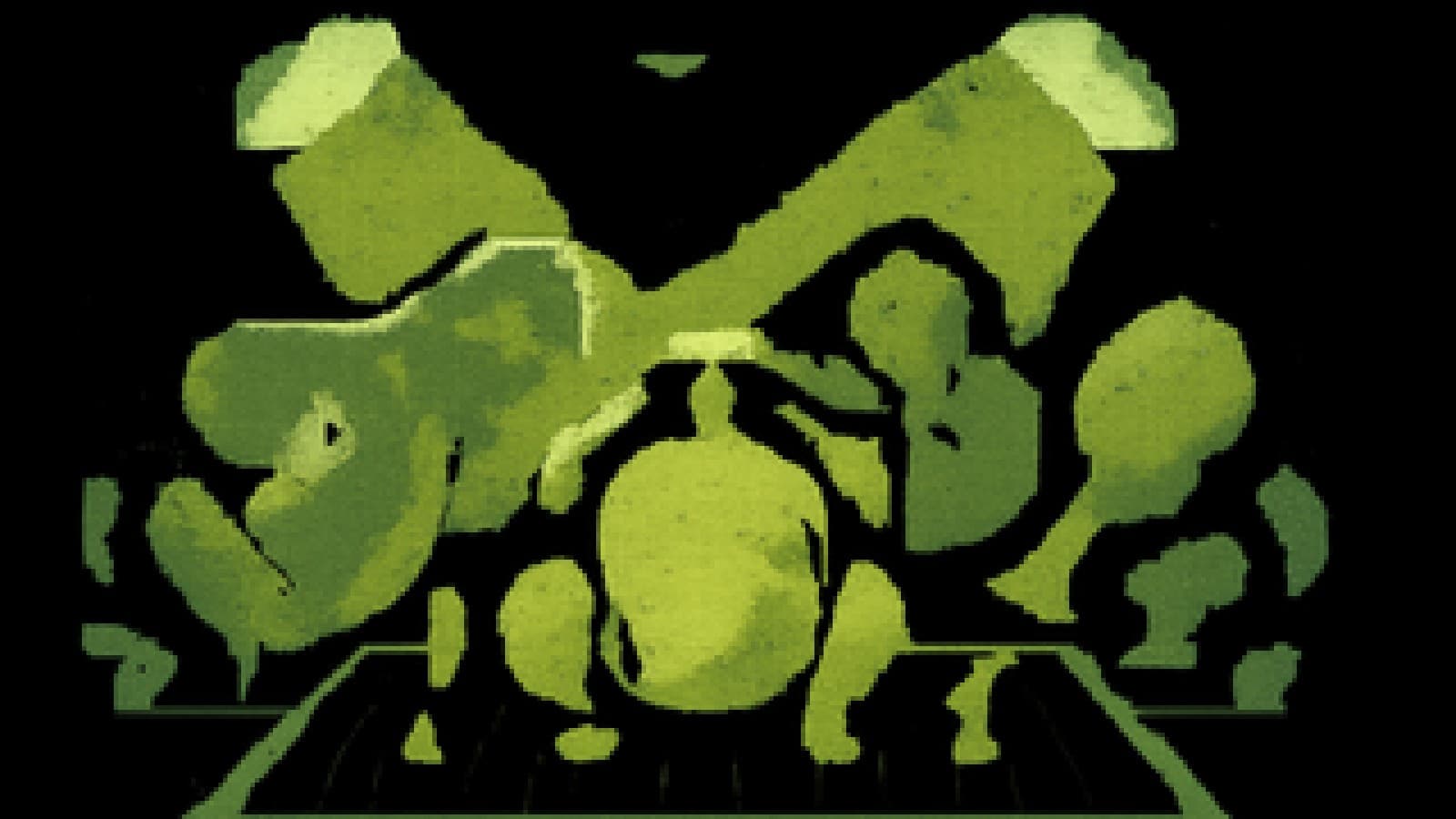 Pixel-art illustration of a roast chicken leading a crowd of meats on a cooking-show grill, with a pork chop close behind.