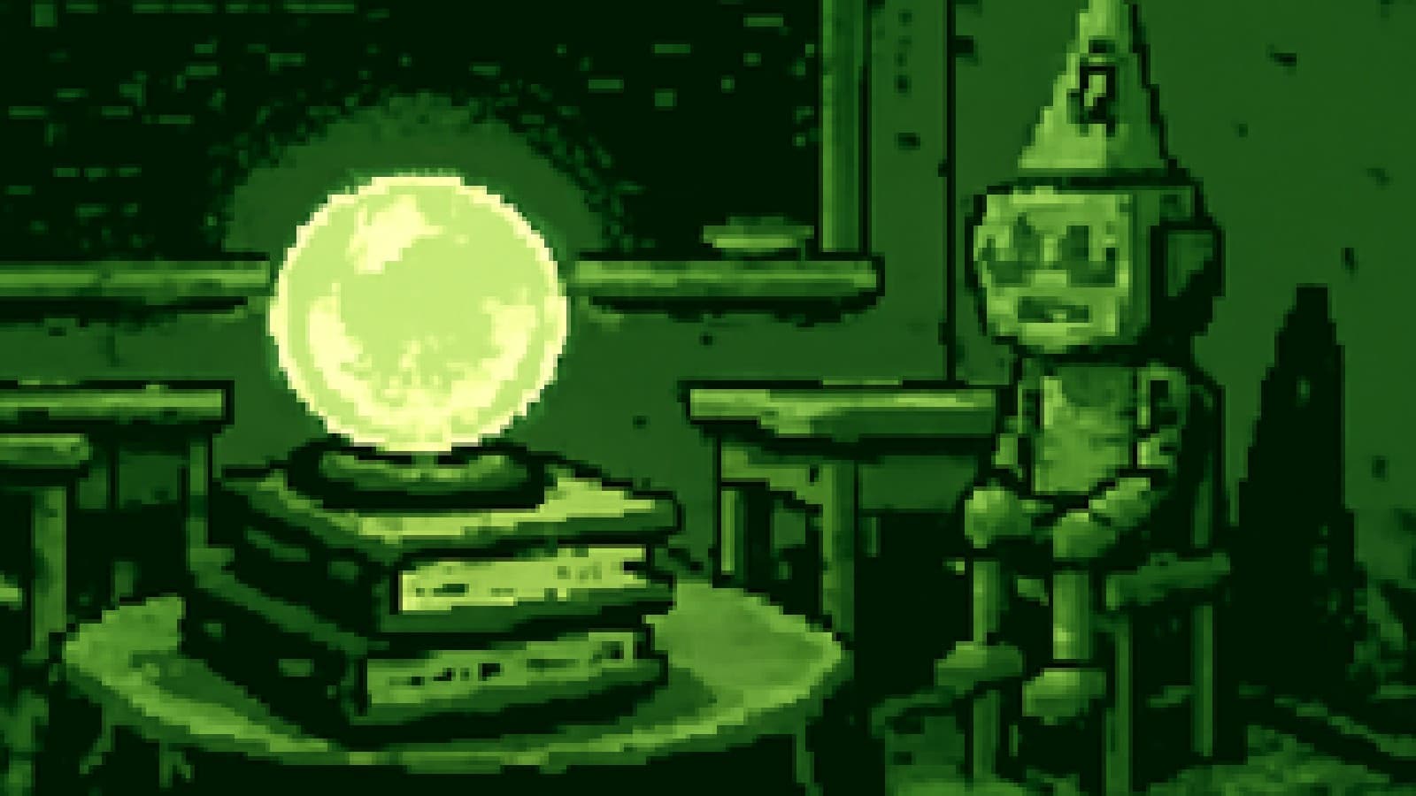 Pixel art of a crystal ball glowing above paper textbooks while a small robot sits on a stool in the corner of a classroom.