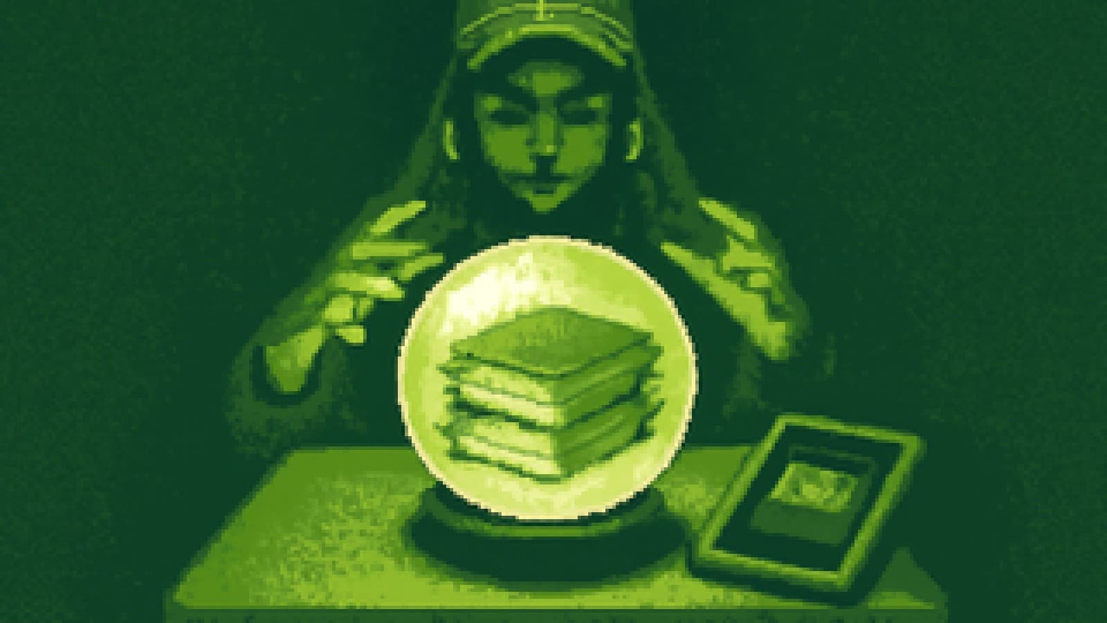 A crystal ball on a school desk shows paper textbooks glowing inside, with a darkened robot-faced tablet next to it.