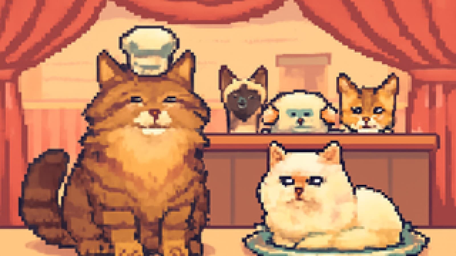 Pixel-art kitchen stage where a big fluffy cat in a chef's hat faces a white long-haired cat on a platter while three other cats watch