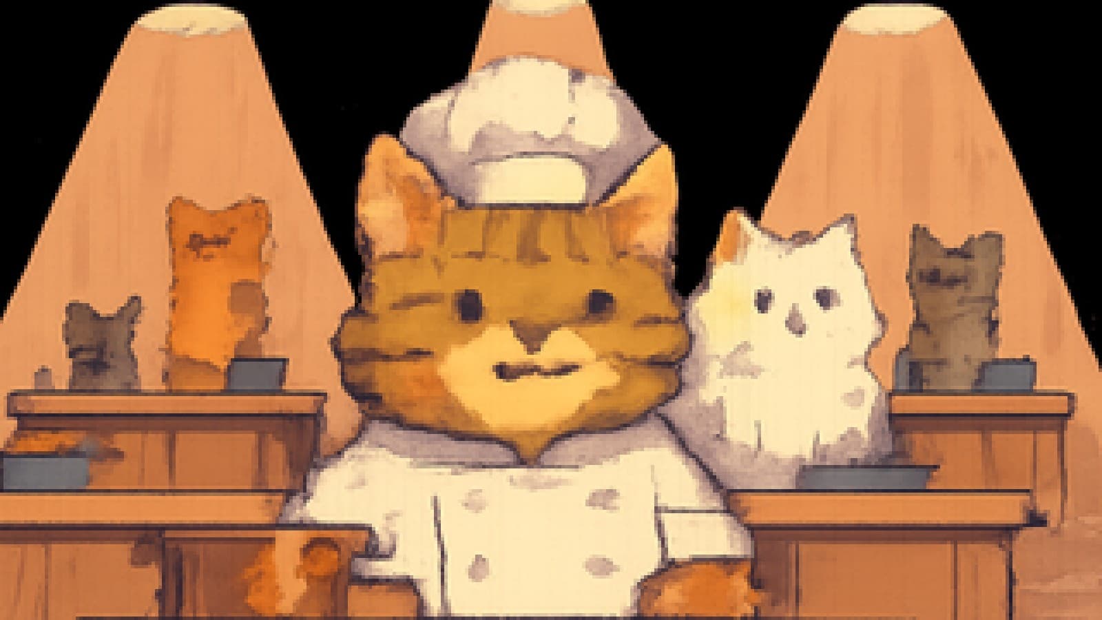 Pixel-art cooking competition stage with five cats at kitchen stations, a big fluffy tabby in a chef's hat leading