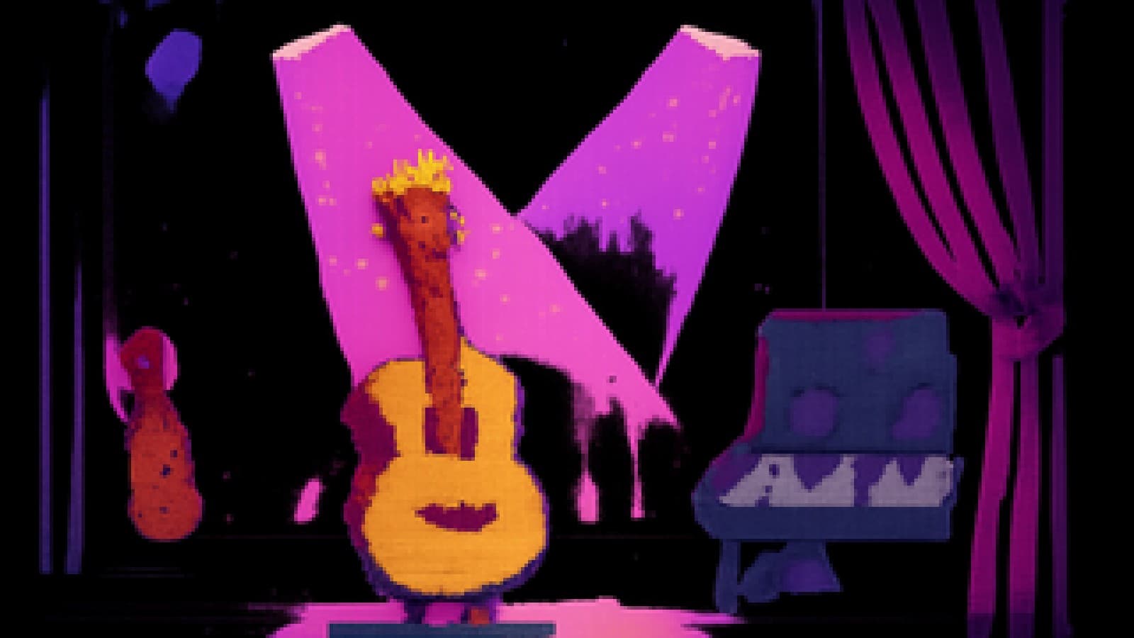 Pixel-art acoustic guitar wearing a crown under a spotlight, with a keyboard and ukulele looking on from the wings.