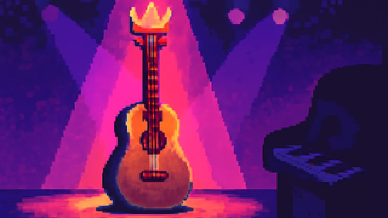 Pixel-art acoustic guitar with a crown in a spotlight on stage, with a piano keyboard in the shadows behind it.