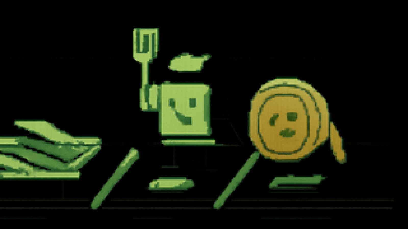 Pixel-art of a nickel ingot in a chef's hat holding a trophy while copper and steel look on