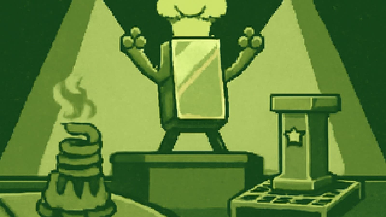 Pixel-art cook-off stage with a crowned nickel ingot, a fuming copper coil and a sulking steel girder