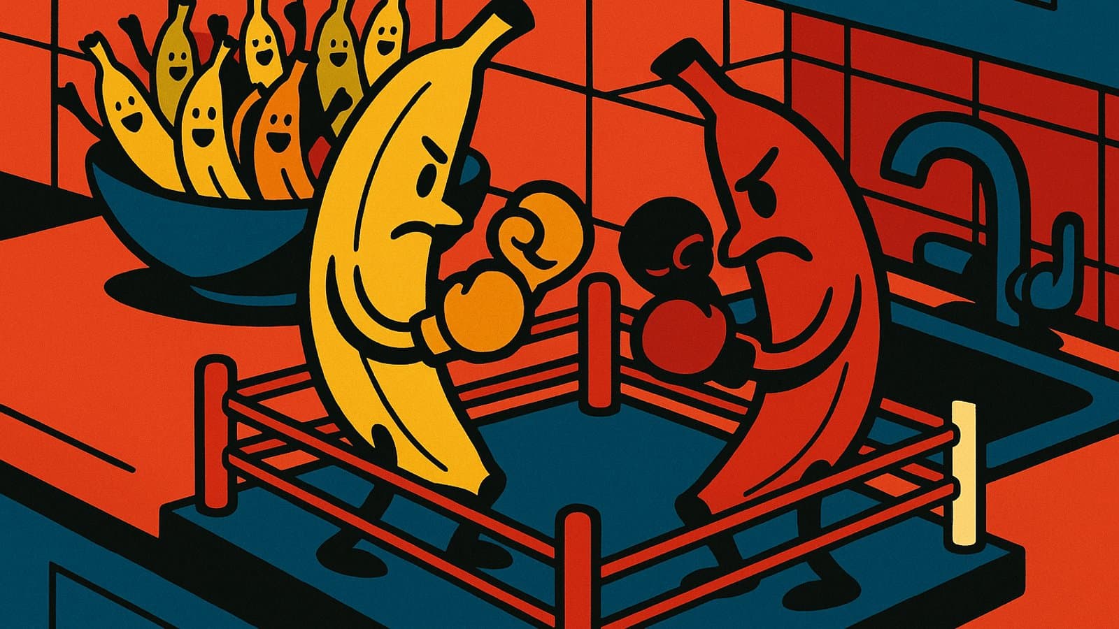 Illustration of a yellow banana and a red banana squaring off in a boxing ring while other bananas cheer from a fruit bowl