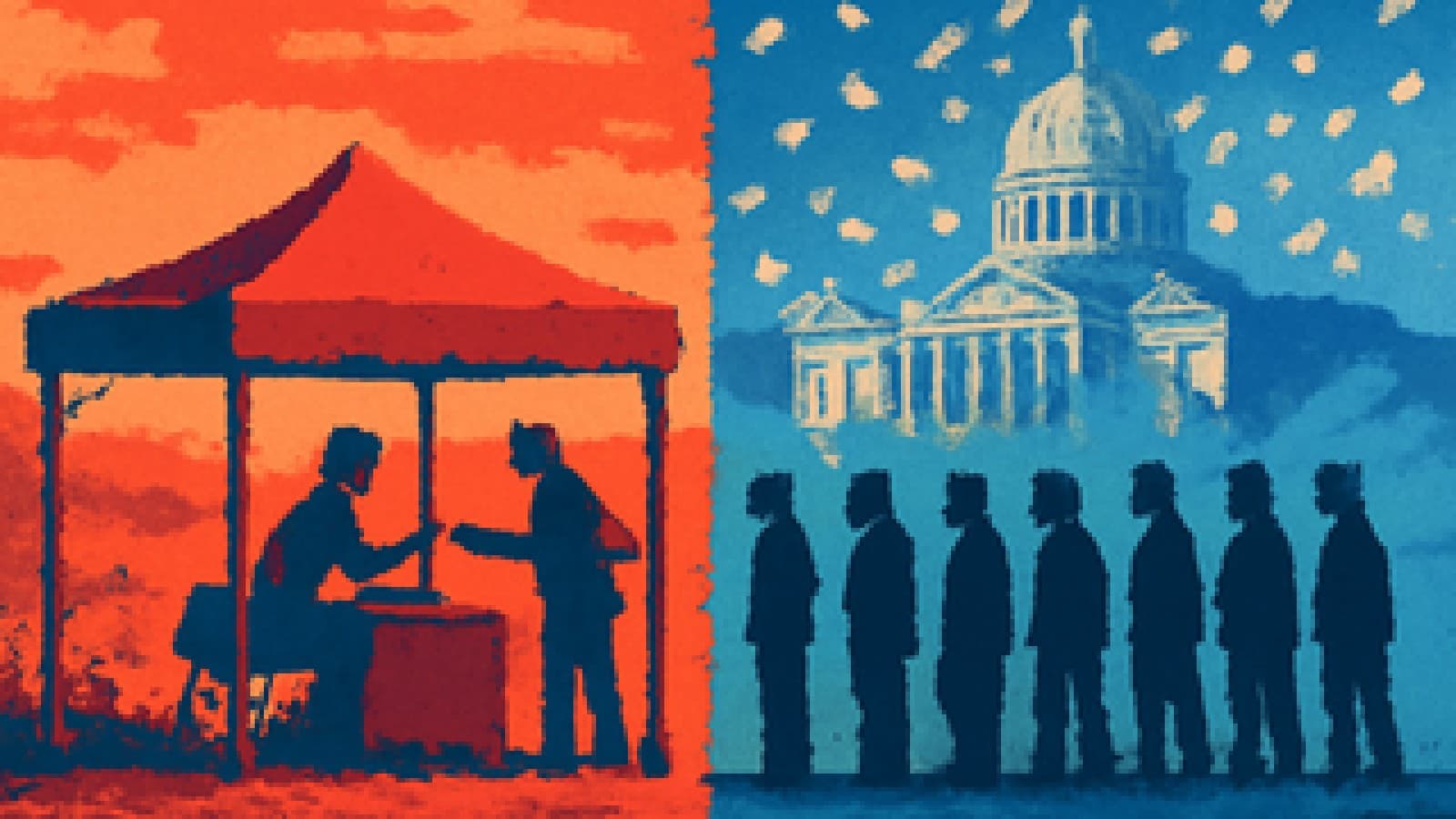 Pixel art of a refugee processing tent with an orderly queue, a distant capital building swamped by flying flyers
