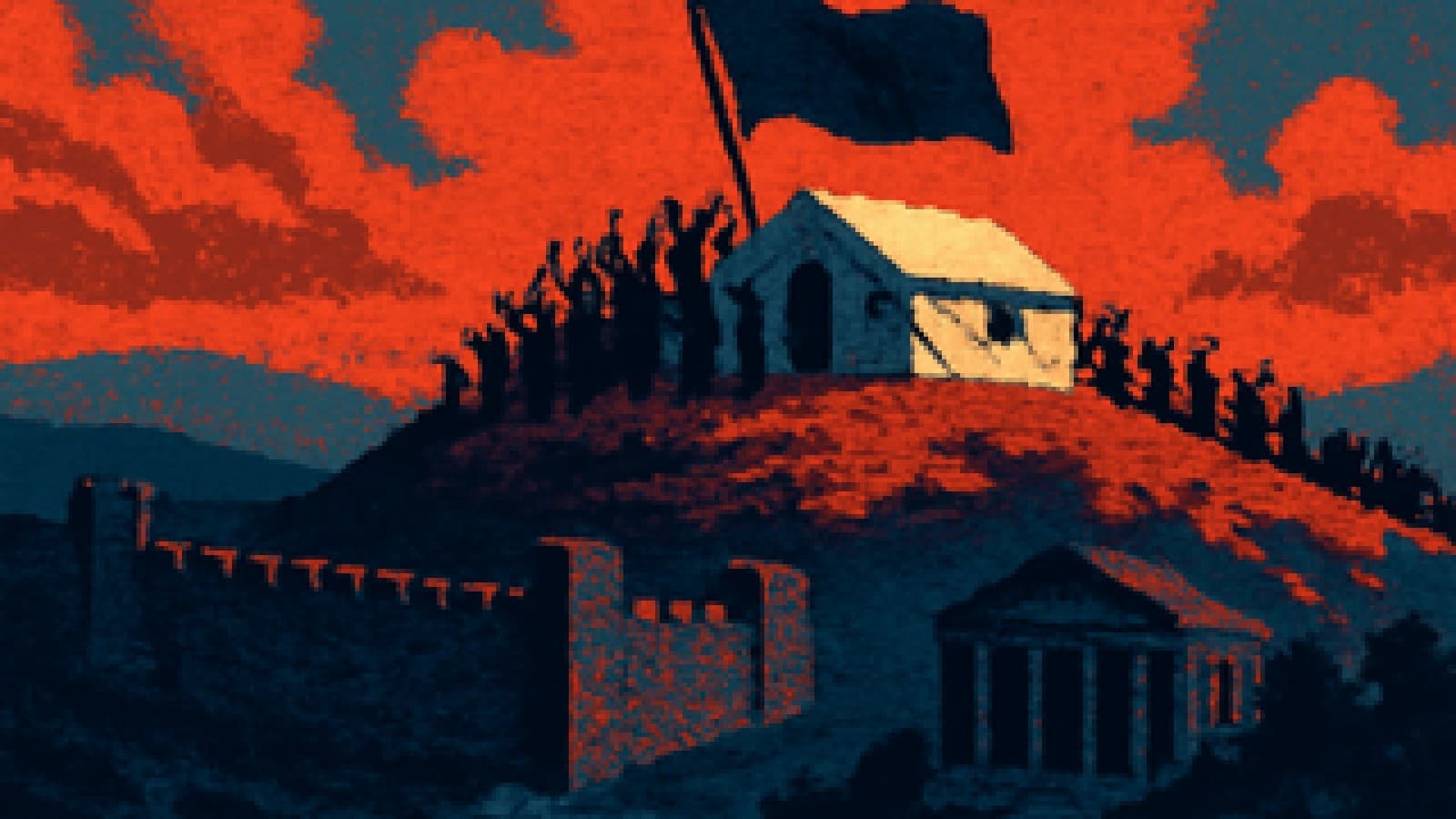 Pixel art of a crowd planting a flag beside a refugee processing tent above an empty border wall and summit hall