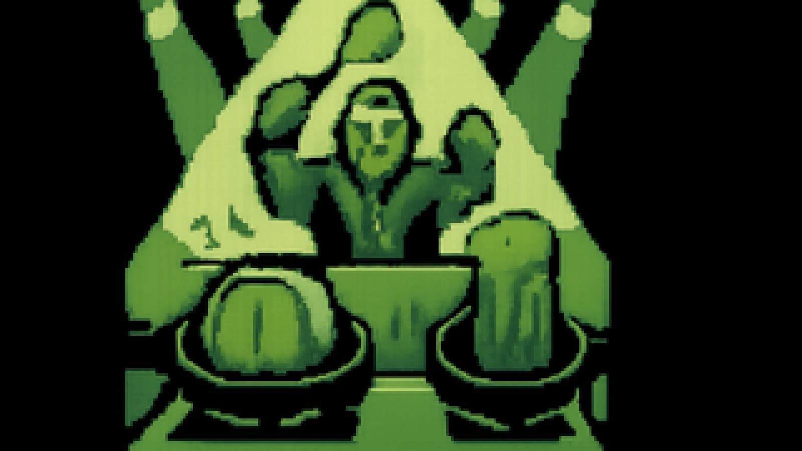 Pixel-art cooking show scene with a golden coin roast and a purple soufflé sharing one burner as a judge hesitates between them.