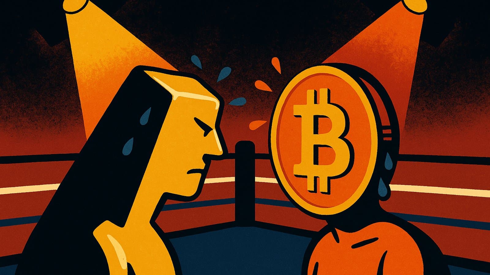 A gold bar and a Bitcoin coin squaring off in a spotlit boxing ring