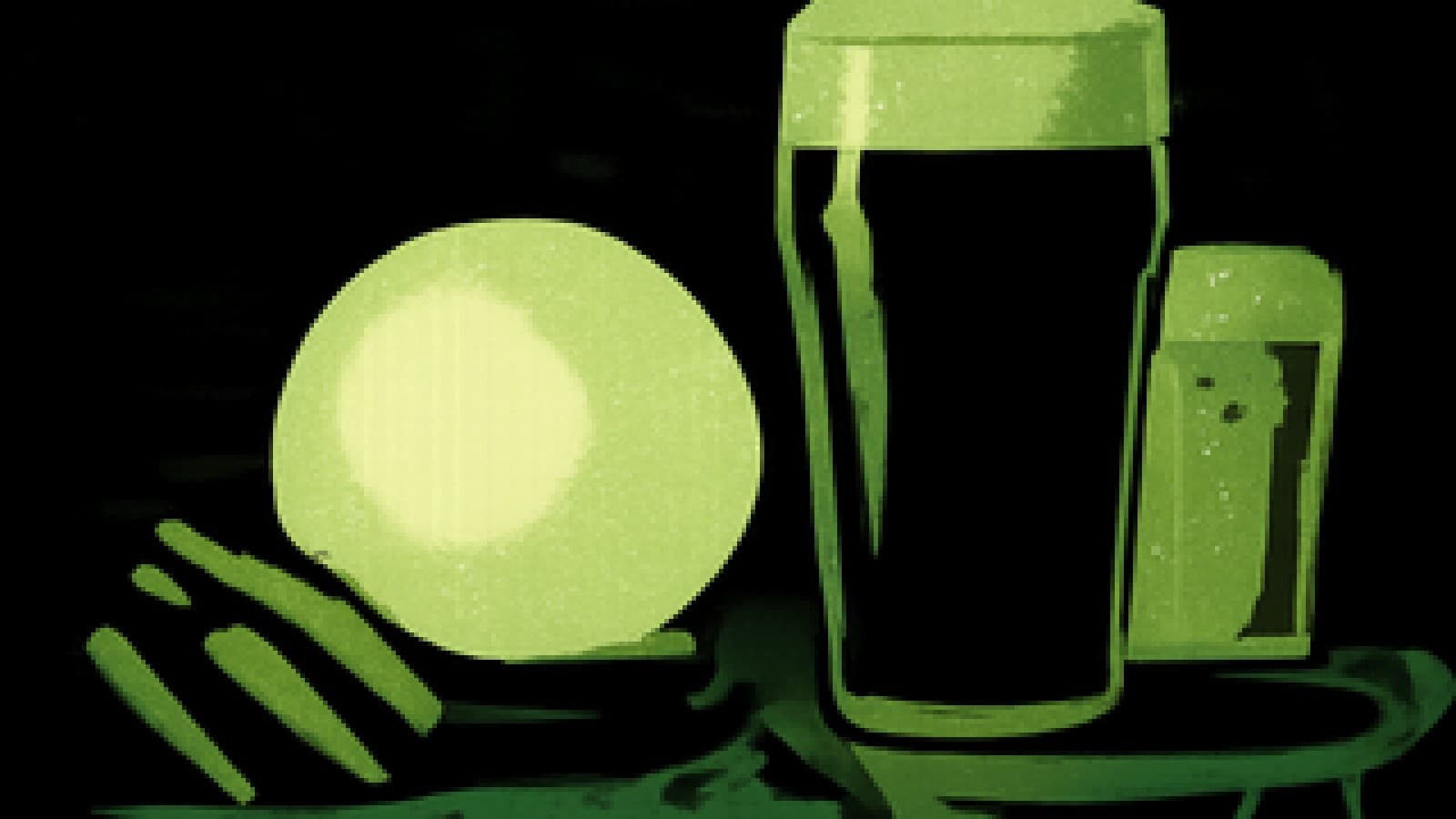 Pixel-art fortune teller's table with a crystal ball, a dark stout glowing in candlelight and a pale lager in shadow.