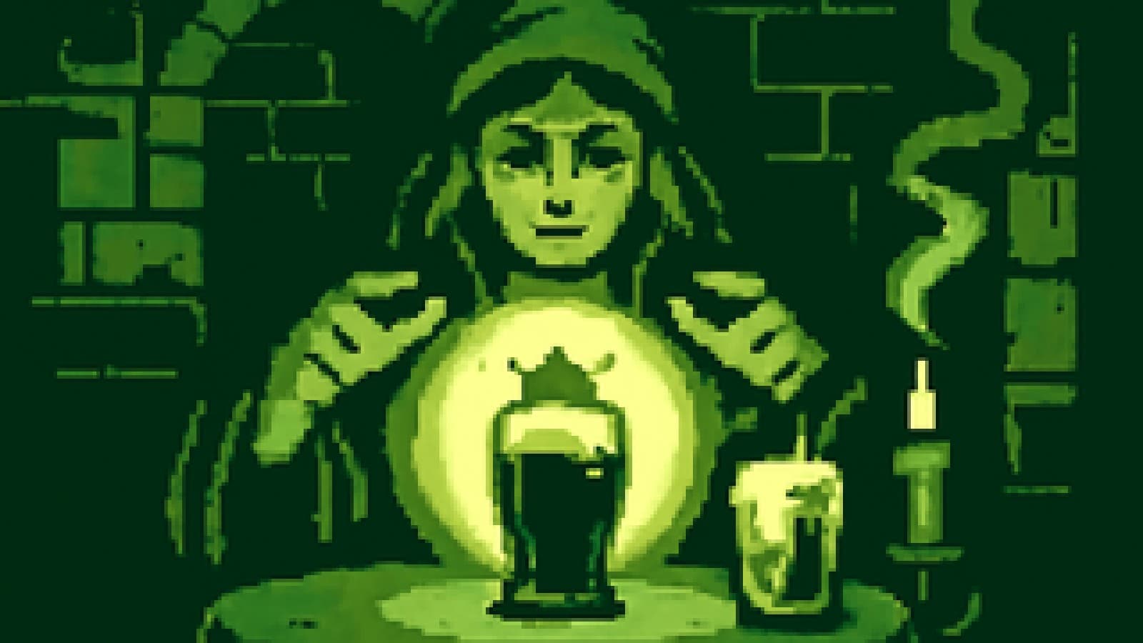 Pixel-art crystal ball glowing over a crowned dark stout, with a pale lager fading into the shadows of a candlelit tavern.