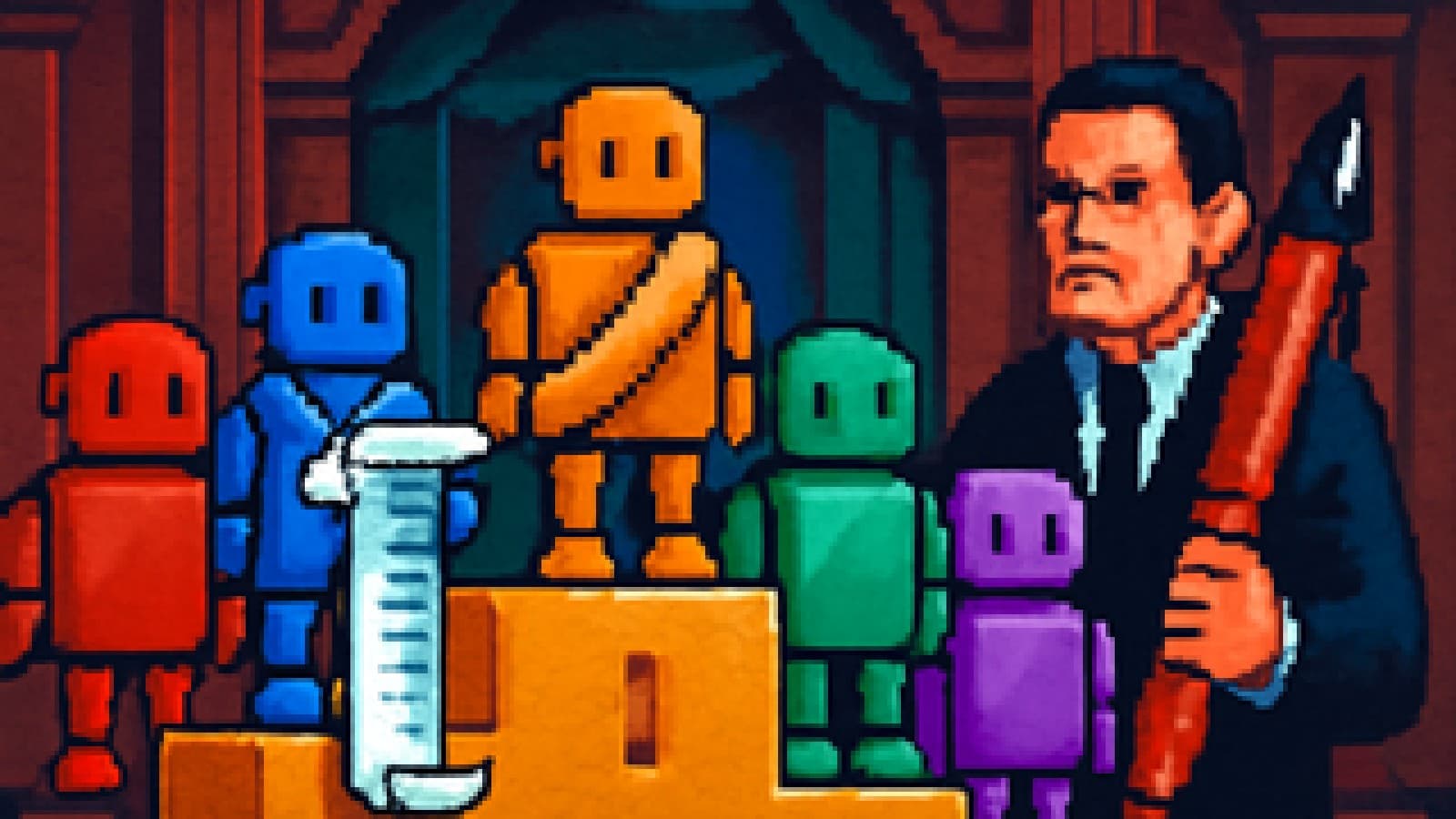 Pixel-art illustration of five colourful robots on an award podium in a formal hall, one with a gold sash and one with a silver medal holding a very long scroll.