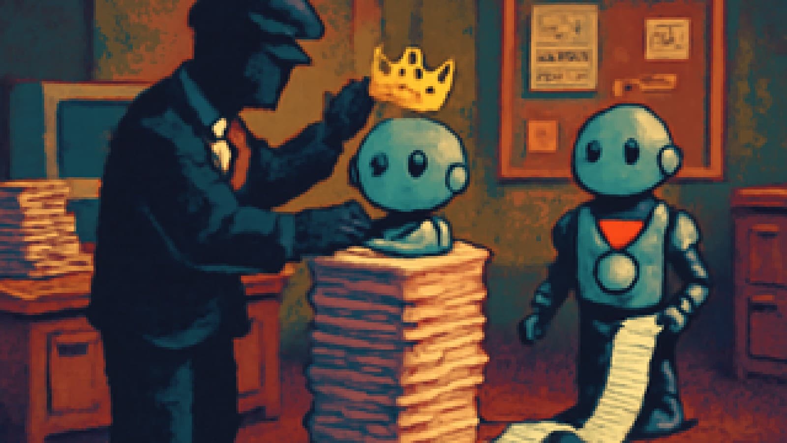 Pixel-art robot crowned with paperclips in a bureaucratic office, beside a silver-medal robot dragging a very long scroll.