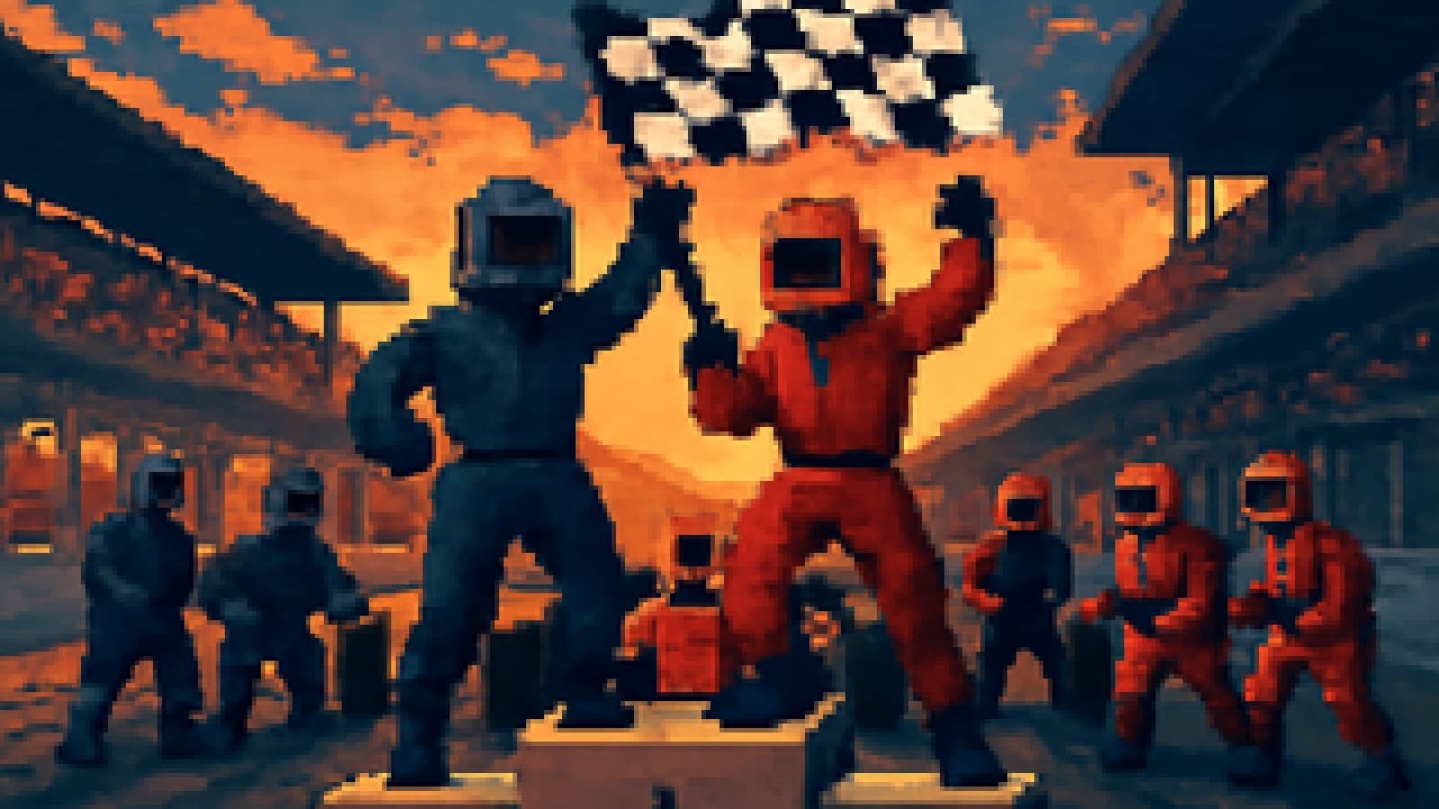 Pixel-art pit lane with two rival pit crews sharing a single podium step beneath a chequered flag