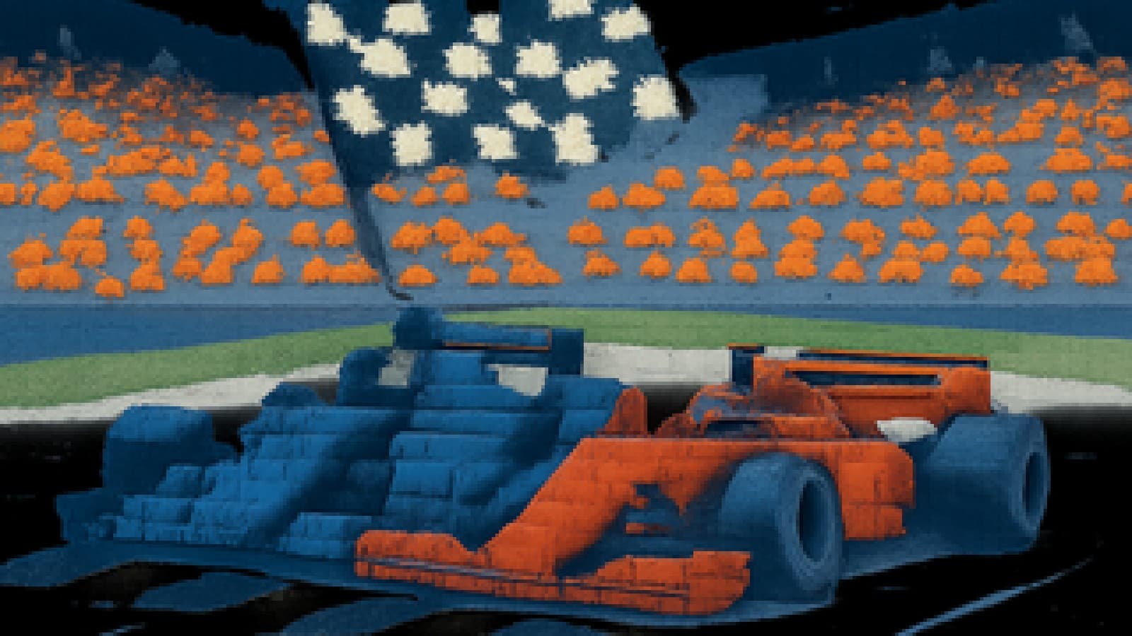 Pixel-art illustration of a dark blue and a red Formula 1 car crossing the finish line side by side under a chequered flag