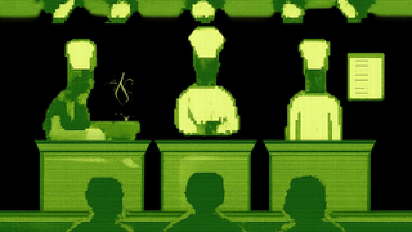 Pixel-art cooking show with three stations: a skillet, a soufflé, and an empty station with a blank frame on the wall.