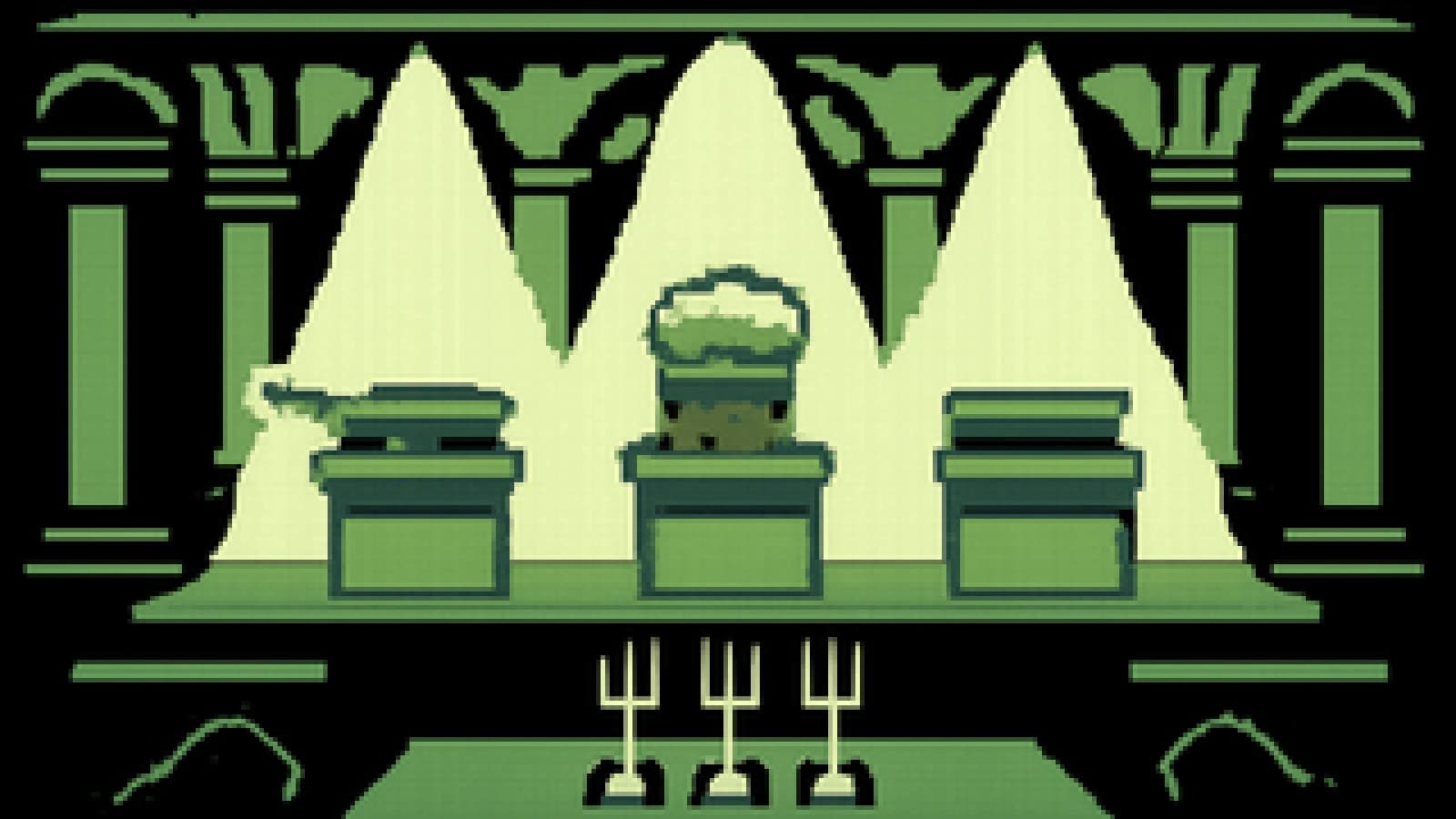 Pixel-art cooking competition with three rival chef stations in a palace kitchen under spotlights.